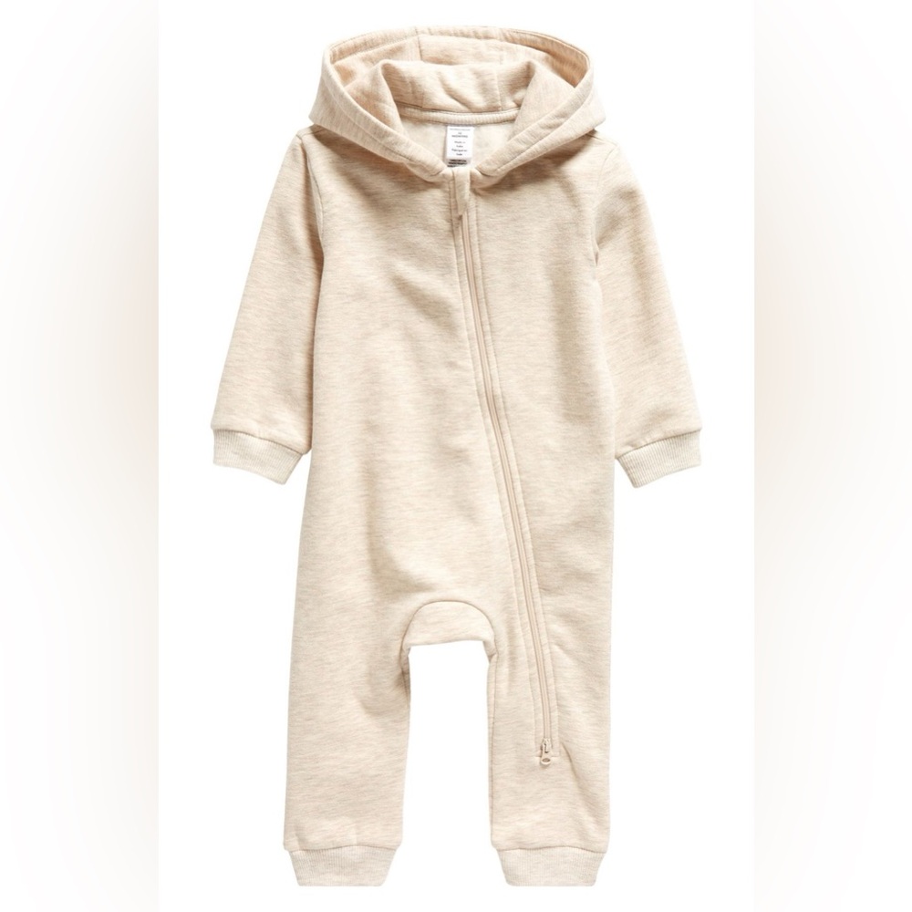 NEW!  Nordstrom 9 mos. Hooded Fleece Romper in Oatmeal/Beige Heather Unisex